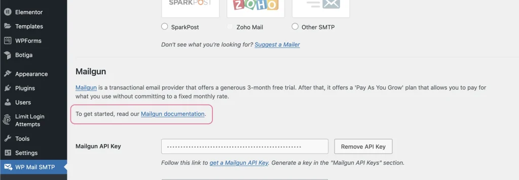A screenshot of the WP Mail SMTP plugin highlighting where to find the documentation