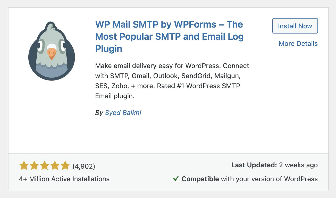 Screenshot of WP Mail SMTP plugin on WordPress plugin search page