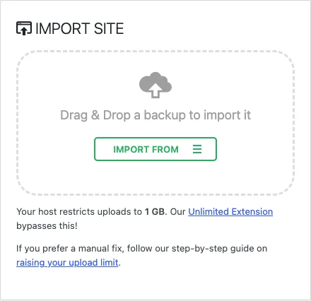 All-in-One WP Migration's Import screen, with a dashed drop area, an Import From button, and a note that the host restricts uploads to 1 GB