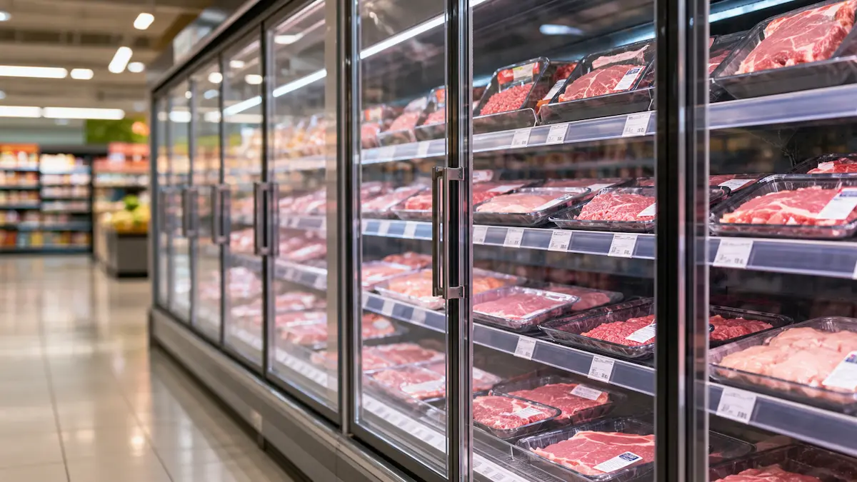 A supermarket cold aisle lined with glass-door freezers full of packaged meat, the kind of connected refrigeration that was hacked in France