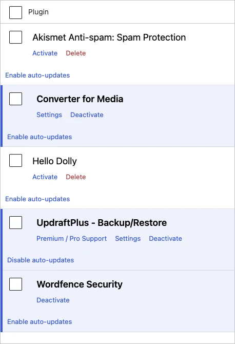 The Plugins screen in the WordPress dashboard, with an Enable auto-updates link under the plugins that need it and Disable auto-updates under UpdraftPlus, which already updates itself