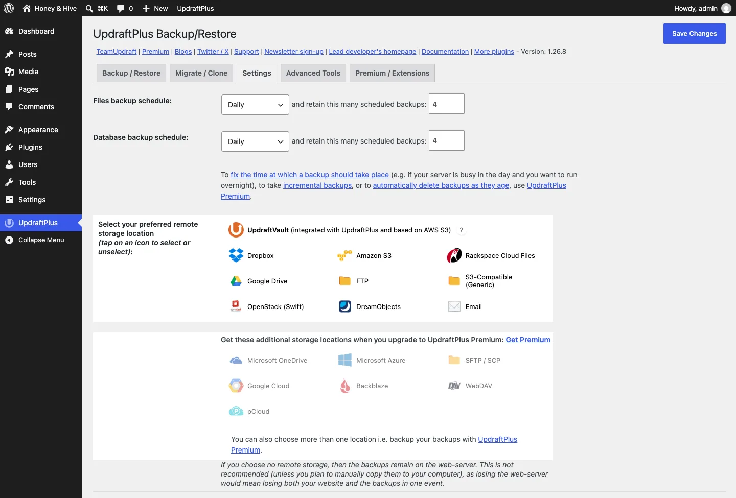 The UpdraftPlus settings screen, with the files and database backup schedules set to Daily and the remote storage options listed below