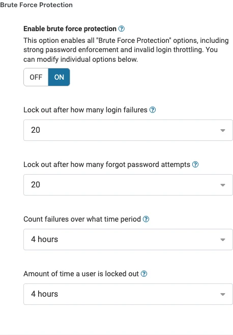 Wordfence's Brute Force Protection settings with the switch on and defaults in place: lock out after 20 failed logins, counted over four hours, with a four hour lockout